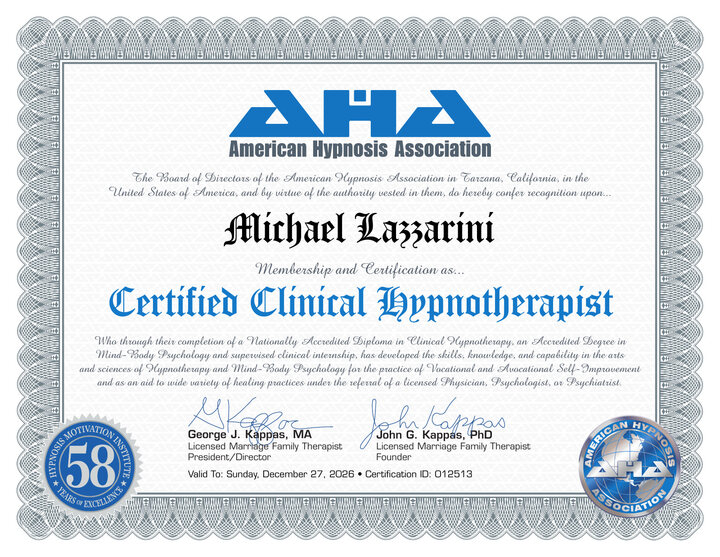Michael Lazzarini’s current Certified Clinical Hypnotherapist certificate