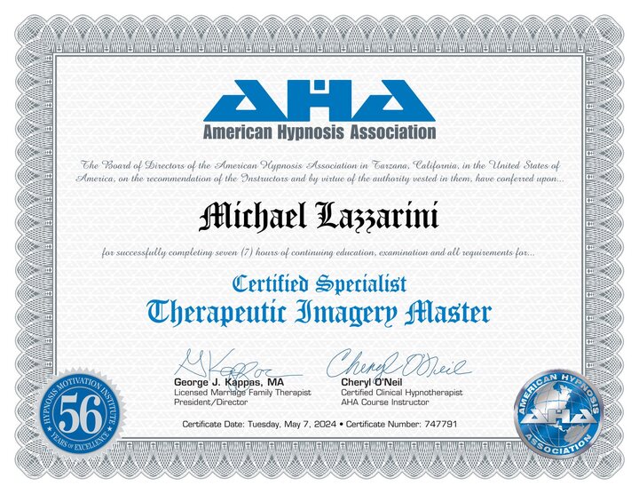 Therapeutic Imagery Master certificate awarded to Michael Lazzarini